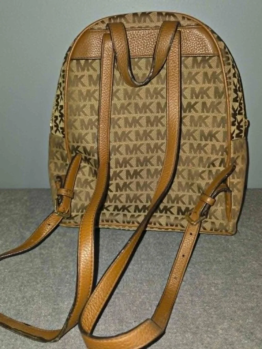 Michael Kors MK Signature Jacquard Small Backpack Brown Tan Leather Trim
